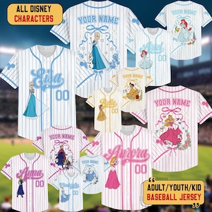 Personalized Anna Elsa Frozen Baseball Jersey, Belle Cinderella Baseball Shirt, Ariel Aurora Jersey Team, Custom Name Princess Baseball image 1