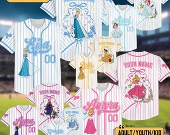 Personalized Anna Elsa Frozen Baseball Jersey, Belle Cinderella Baseball Shirt, Ariel Aurora Jersey Team, Custom Name Princess Baseball