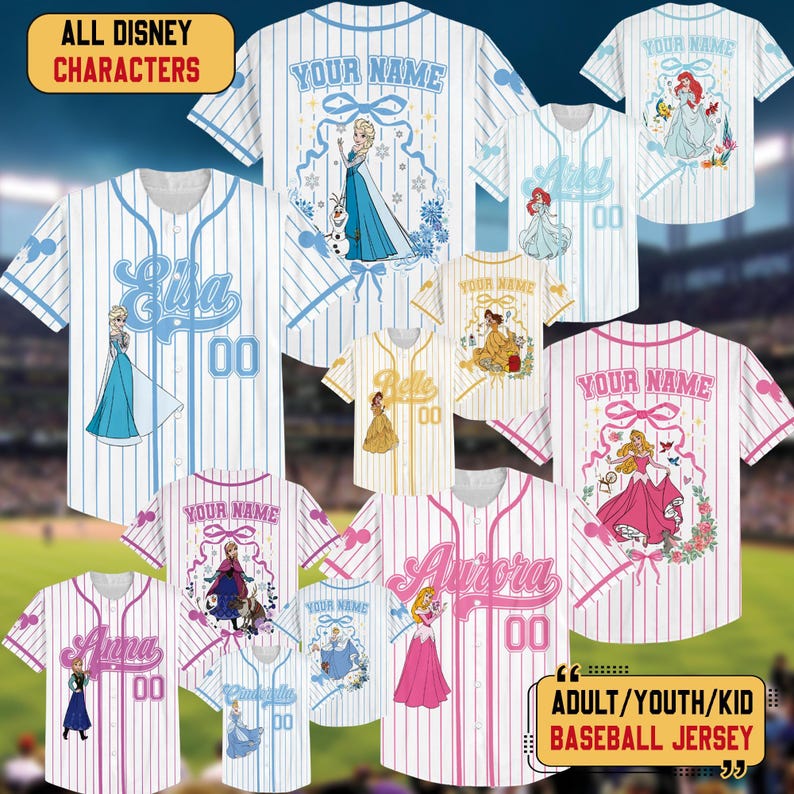 Personalized Anna Elsa Frozen Baseball Jersey, Belle Cinderella Baseball Shirt, Ariel Aurora Jersey Team, Custom Name Princess Baseball image 1