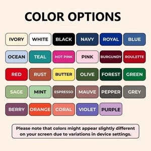 Puede incluir: Una carta de colores con el texto "COLOR OPTIONS" en la parte superior. La carta muestra una variedad de muestras de color, incluyendo Marfil, Blanco, Negro, Azul Marino, Real, Azul, Oc&eacute;ano, Turquesa, Rosa Fuerte, Rosa, Borgo&ntilde;a, Ruleta, Rojo, &Oacute;xido, Mantequilla, Oliva, Bosque, Verde, Salvia, Menta, Espresso, Malva, Pimienta, Gris, Baya, Naranja, Coral, Violeta y P&uacute;rpura.
