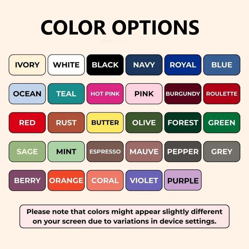 Puede incluir: Una carta de colores con el texto "COLOR OPTIONS" en la parte superior. La carta muestra una variedad de muestras de color, incluyendo Marfil, Blanco, Negro, Azul Marino, Real, Azul, Oc&eacute;ano, Turquesa, Rosa Fuerte, Rosa, Borgo&ntilde;a, Ruleta, Rojo, &Oacute;xido, Mantequilla, Oliva, Bosque, Verde, Salvia, Menta, Espresso, Malva, Pimienta, Gris, Baya, Naranja, Coral, Violeta y P&uacute;rpura.