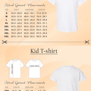 a collection of actual garment measurements and a kid T-shirt size chart, providing precise measurements for both adult and child sizes.