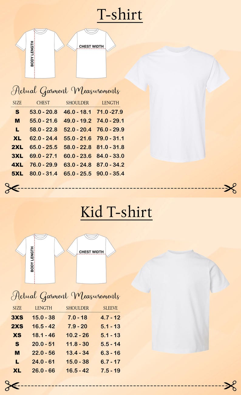 a collection of actual garment measurements and a kid T-shirt size chart, providing precise measurements for both adult and child sizes.