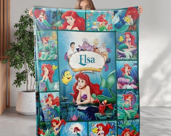 Personalized Name Disney The Little Mermaid Blanket, Custom Ariel Princess Blanket, Disney Princess Birthday Gift, Girls Christmas Blanket