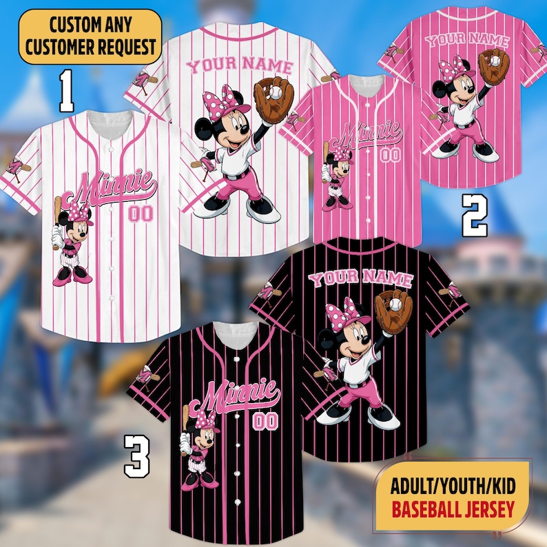 May include: Baseball jerseys featuring Minnie Mouse in various designs. The jerseys are available in white with pink stripes, pink with white stripes, and black with pink stripes. Each jersey has the text "Minnie" and the number "00". The text "YOUR NAME" is also visible.
