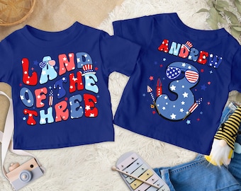 Personalized Land of the Three Birthday shirt, Custom 4th Of July 3rd Birthday Kid Shirts, America Patriotic Family Independence Day Tee RE