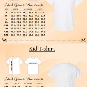 a collection of actual garment measurements and a kid T-shirt size chart, providing precise measurements for both adult and child sizes.