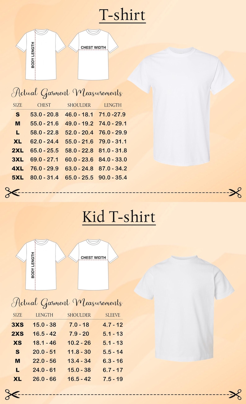 a collection of actual garment measurements and a kid T-shirt size chart, providing precise measurements for both adult and child sizes.