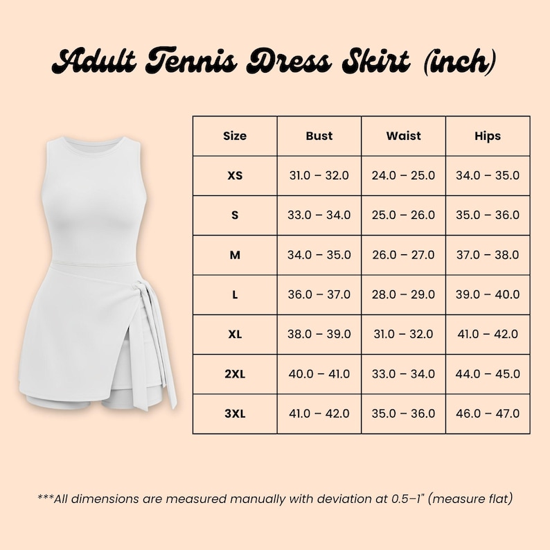 K&ouml;nnte beinhalten: Wei&szlig;er Tennisrock mit &auml;rmellosem Design und Wickelrock. Das Bild enth&auml;lt eine Gr&ouml;&szlig;entabelle mit Brust-, Taillen- und H&uuml;ftma&szlig;en in cm f&uuml;r die Gr&ouml;&szlig;en XS bis 3XL. Der Text lautet "Adult Tennis Dress Skirt (inch)".