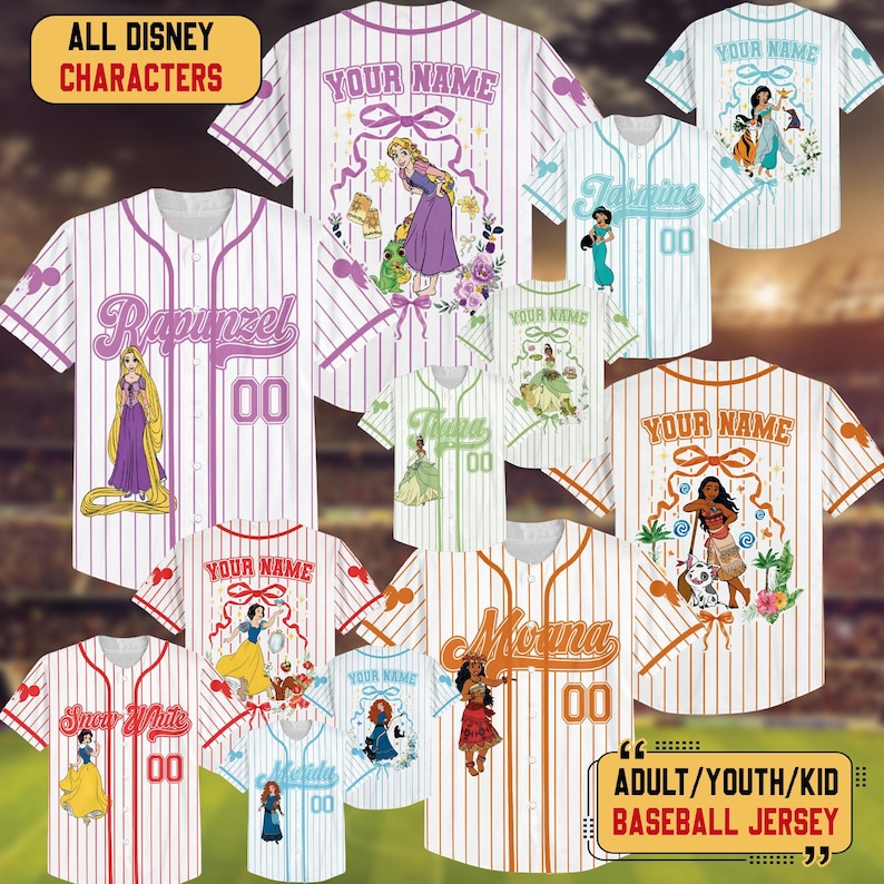 Personalized Anna Elsa Frozen Baseball Jersey, Belle Cinderella Baseball Shirt, Ariel Aurora Jersey Team, Custom Name Princess Baseball image 7