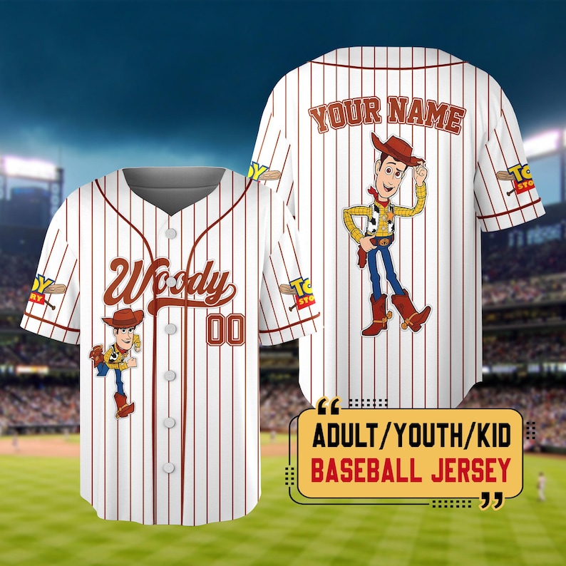 Personalized Wdw Toy Story 5 Characters Baseball Jersey, Custom Woody Buzz Lightyear Lilypad Shirts, Toy Story Baseball Team Outfit Bild 2