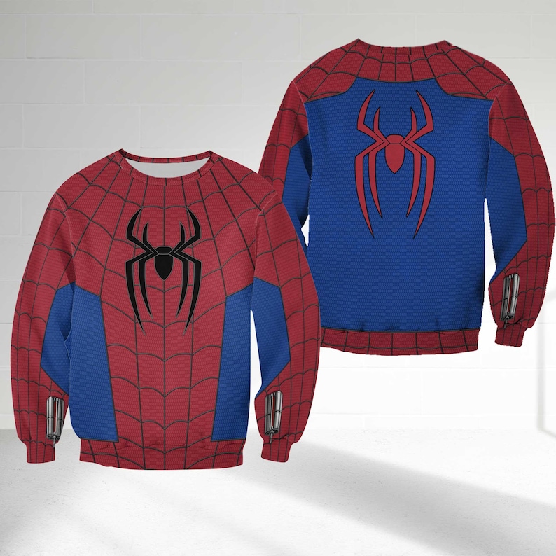 May include: Red and blue Spider-Man sweatshirt with a large black spider emblem on the front and back. The design features a web pattern on the red areas and blue panels on the chest and sleeves. The sleeves have silver-colored details.