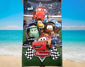 Personalized Name Wdw Cars Beach Towels, Lightning McQueen Tow Mater Characters Beach Towels, Cars Birthday Gift, Tow Mater Towels
