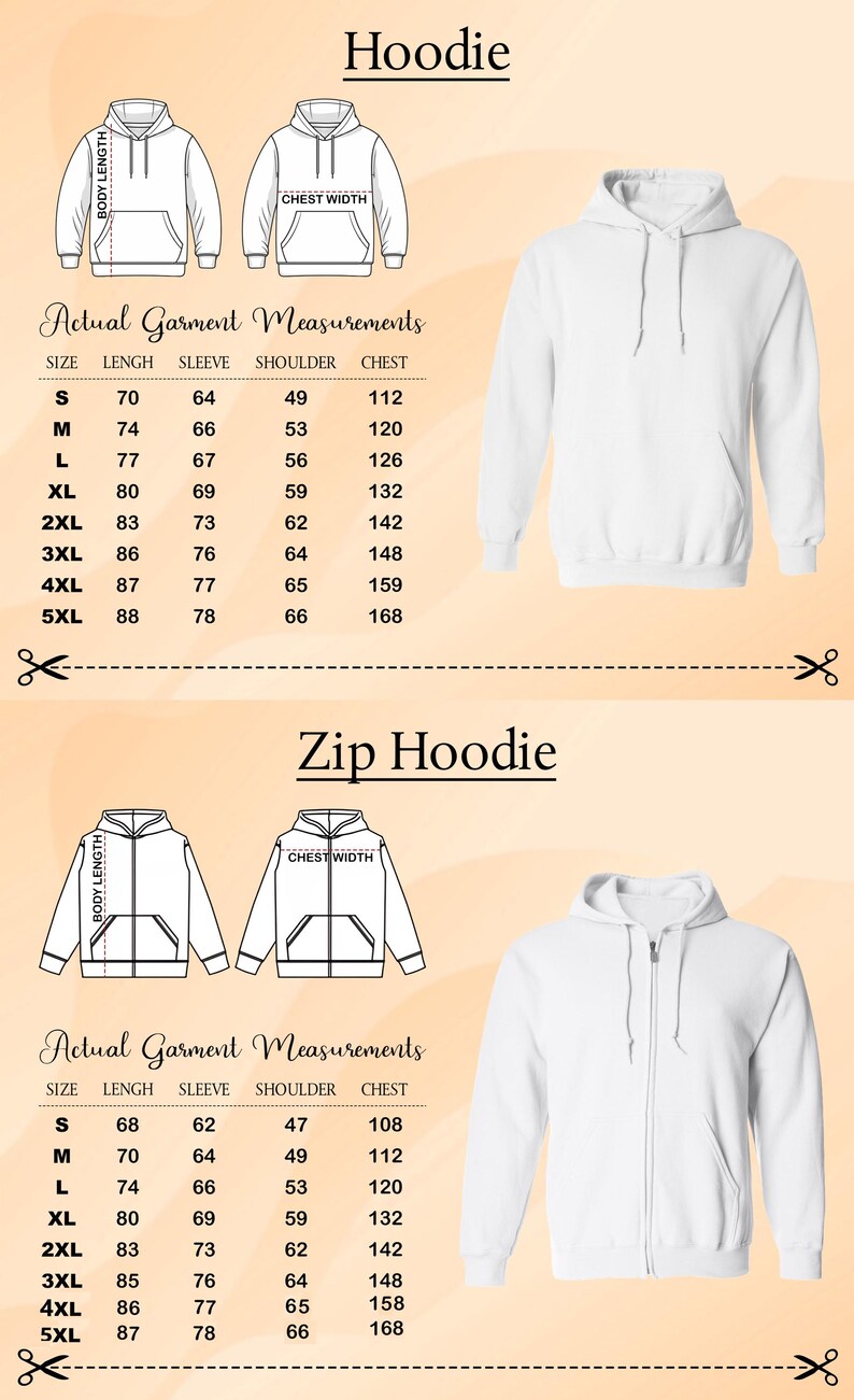 two different styles of hoodies, one with actual garment measurements and the other with a zip hoodie. The image is a collage of two separate images, each showing a different style of hoodie.