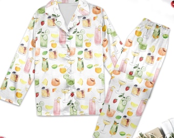 Cocktail Print Pajamas, Alcohol Drinks Pajamas, Gift for Her, Girls Weekend Outfit, Margarita Trendy Pajamas for Her, Margarita Pajamas