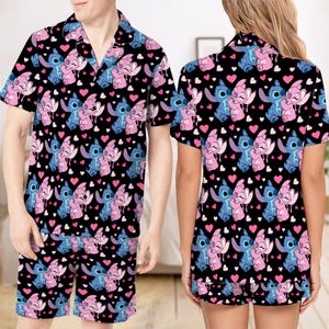 Stitch And Angel Christmas Short Pajama Set, Christmas Season Short Pajamas, Valentine Cartoon Character Pajama Set, Best Couple Gift