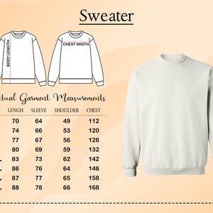 a sweater with actual measurements and a size chart, along with a plain white sweater.