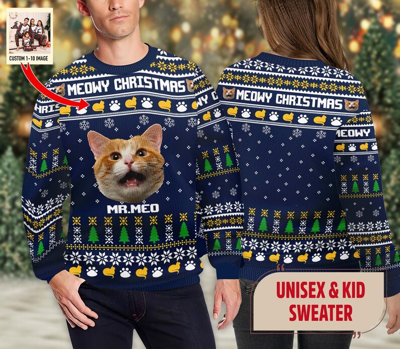 Personalized Meowy 2024 Ugly Christmas Sweater, Custom Cat Lovers Xmas