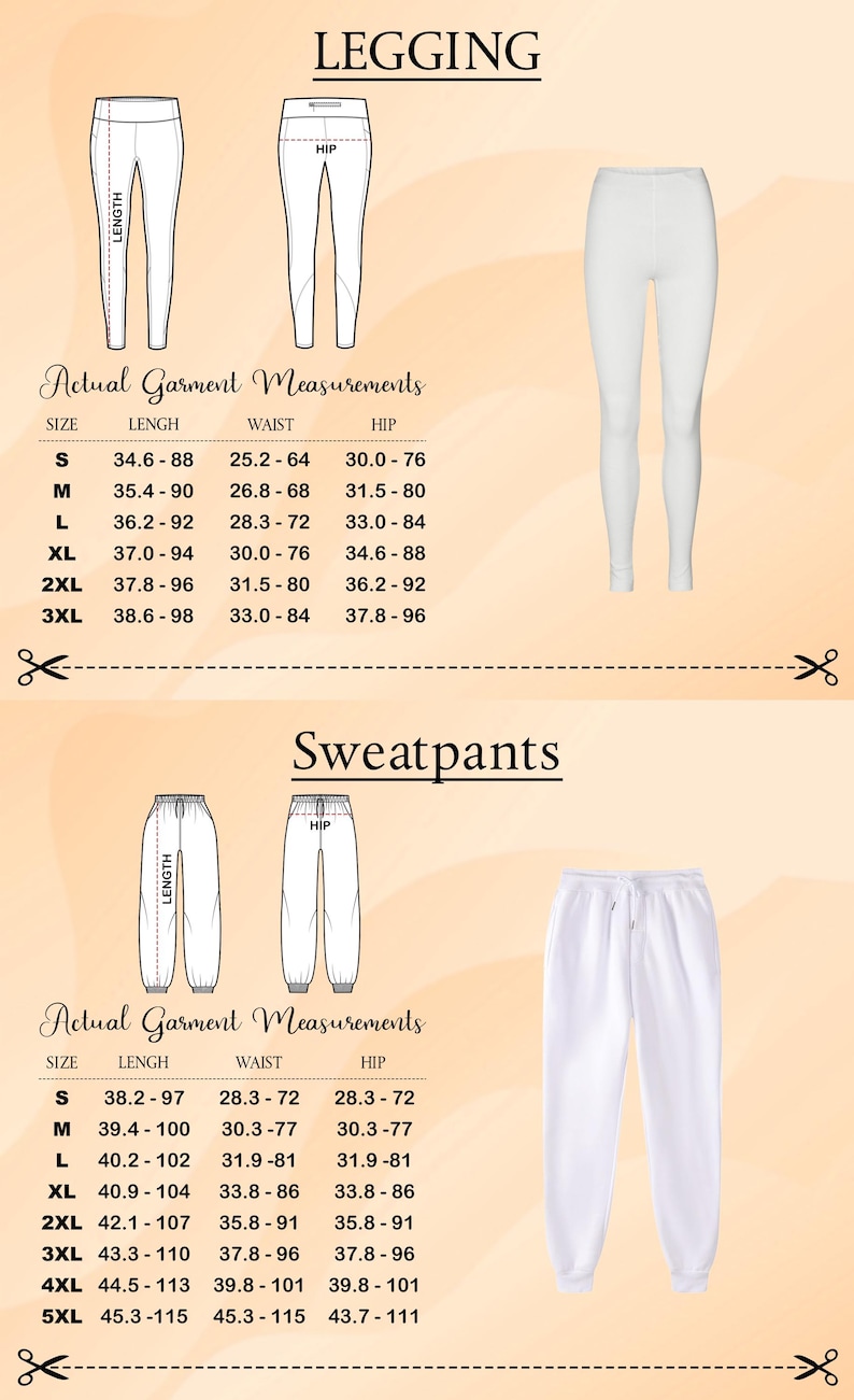 a collection of garment measurements for leggings and sweatpants, including actual measurements and size information.