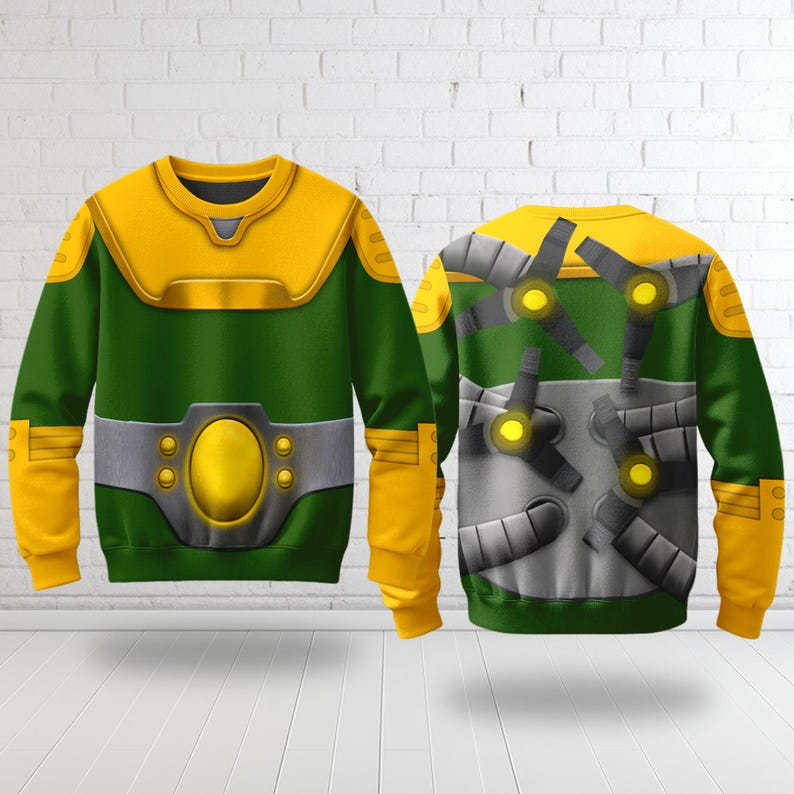 Puede incluir: Sudadera verde y amarilla con un dise&ntilde;o que se asemeja a un disfraz de superh&eacute;roe. La parte delantera presenta una pieza de pecho y cintur&oacute;n amarillos, mientras que la parte trasera muestra brazos mec&aacute;nicos. Las mangas y la parte superior del pecho son amarillas, y el cuerpo es verde.