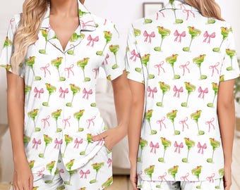 Pijama corto Margarita, Conjunto de pijama corto Cóctel, Pijama de dama de honor, Pijama con lazo rosa, Pijama Coquette, Regalo de pijama para niña, Pijama de tequila