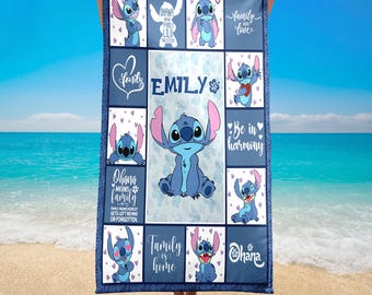 Personalized Disney Stitch Beach Towel, Custom Name Lilo n Stitch Disneyland Towel, Stitch Birthday Beach Towel, Stitch Towel Gifts For Kid