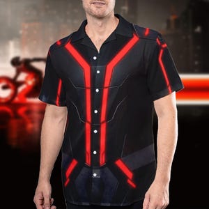 May include: Black button-down shirt with a futuristic design featuring red glowing lines. The short-sleeved shirt has a collared neckline and a series of white buttons down the front. The design resembles a high-tech suit.