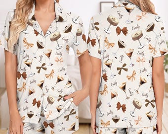 Custom Coquette Espresso Martini Short Pajama, Personalized Espresso Martini Cocktail Club Short Pajama Set, Cocktail Lover Pajamas Gift