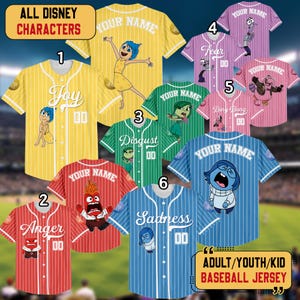 May include: Baseball jerseys featuring characters from the Disney film Inside Out. The jerseys are yellow, red, green, purple, pink, and blue with white pinstripes. Each jersey has a character's name and the text "YOUR NAME" on the back.