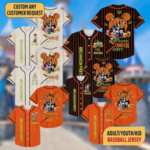 May include: A collection of baseball jerseys in cream, orange, and black, featuring Halloween-themed graphics. The jerseys display images of Mickey Mouse and friends, pumpkins, and the text "Not So Scary Halloween Party". The jerseys are available in adult, youth, and kid sizes.
