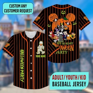 May include: Black baseball jersey with orange vertical stripes and a white collar. The jersey features a Halloween-themed design with cartoon characters, pumpkins, and the text "NOT SO SCARY OWEEN PARTY". The jersey also has the text "HALLOWEEN PARTY" vertically down the front.