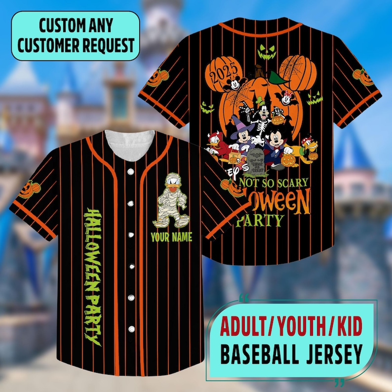 May include: Black baseball jersey with orange vertical stripes and a white collar. The jersey features a Halloween-themed design with cartoon characters, pumpkins, and the text "NOT SO SCARY OWEEN PARTY". The jersey also has the text "HALLOWEEN PARTY" vertically down the front.
