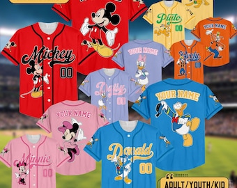 Camiseta de béisbol personalizada de Disney Mickey y sus amigos, camiseta personalizada del equipo de béisbol de Disneyland, regalo de cumpleaños de Mickey Mouse para fans de Disney.