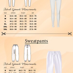 a collection of garment measurements for leggings and sweatpants, including actual measurements and size information.