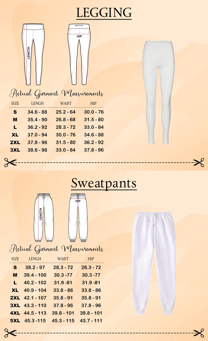 a collection of garment measurements for leggings and sweatpants, including actual measurements and size information.