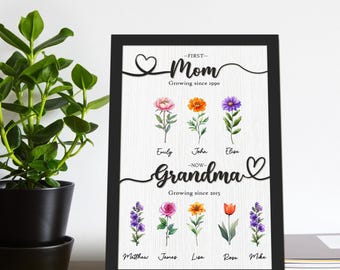 Personalized Flower Birth Month Garden 2-Layered Wooden Sign Frame, Custom Mothers Day Gift, First Mom Now Grandma Gift, Mom Birthday Gift