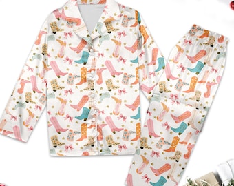 Cowboy Boot Pajama Set, Cowboy Cowgirl Western Print Pajamas, Trendy Pajamas Set Gift for Her, Cowgirl Themed Cozy Pajamas Set