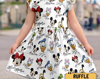 Disney Mickey And Friends Signature Ruffle Dress, Colorful Mickey Mouse Donald Duck Goofy Ruffle Dress, Disneyland Summer Trip Outfit