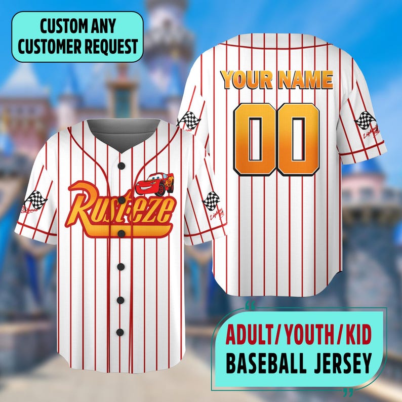 May include: White baseball jersey with red pinstripes, featuring the text "Rusteze" and a cartoon car graphic. The back displays "YOUR NAME" above a double-digit number. Includes text "ADULT/YOUTH/KID BASEBALL JERSEY" and "CUSTOM ANY CUSTOMER REQUEST".