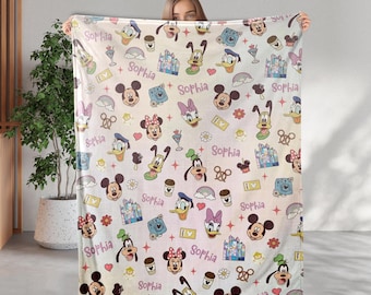 Personalized Wdw Mickey And Friends Blanket, Custom Name Mickey Minnie Blanket Gift, Pluto Donald Max Blanket, WDW Birthday Gift
