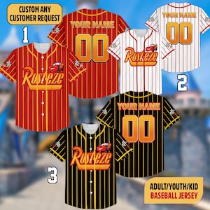 May include: Baseball jerseys in red, white, and black with vertical stripes and the text "Rusteze" and "Your Name" with the number "00". The jerseys are available in adult, youth, and kid sizes. The image also includes the text "Custom Any Customer Request".