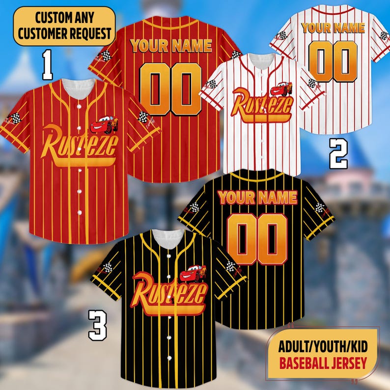 May include: Baseball jerseys in red, white, and black with vertical stripes and the text "Rusteze" and "Your Name" with the number "00". The jerseys are available in adult, youth, and kid sizes. The image also includes the text "Custom Any Customer Request".