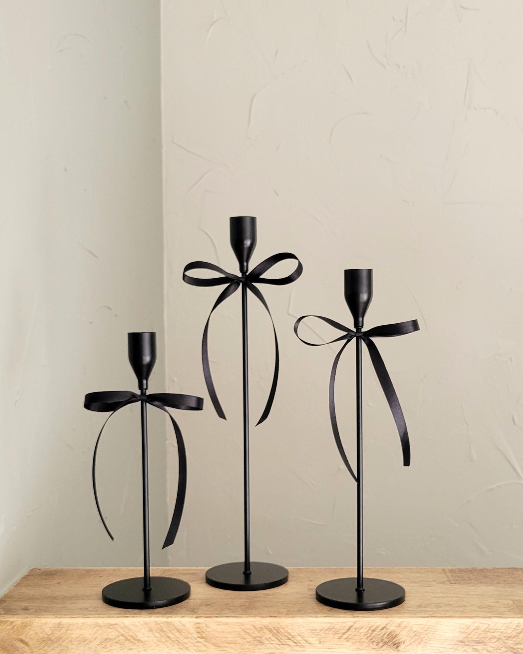 Taper Candle Stick Holders With Removable Bows | Set of 3 | Matte Black ...