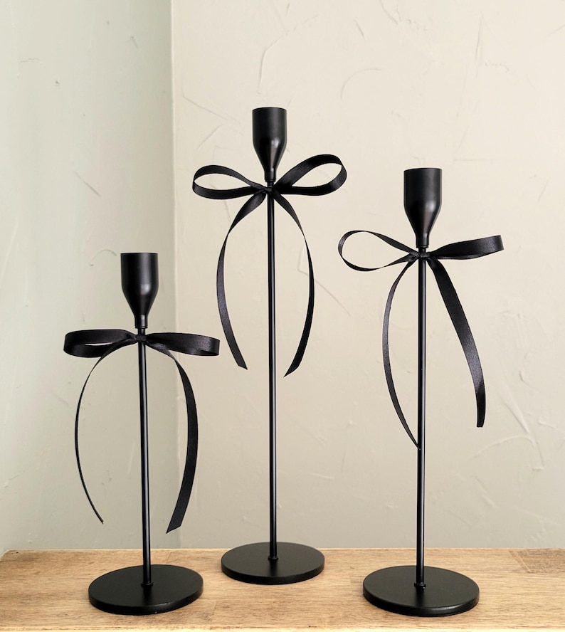 Taper Candle Stick Holders With Removable Bows | Set of 3 | Matte Black ...