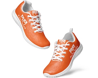 May include: A pair of orange trainers with white laces and a white sole. The trainers have the text "MM Mama Moor" printed on the side.