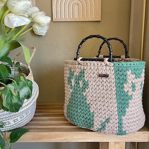 Hand Crafted Crochet Basket with Cat Design