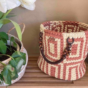 Handwoven Earth Colored Crochet Basket with Squares