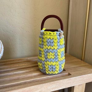 Handwoven Yellow and Grey Crochet Basket