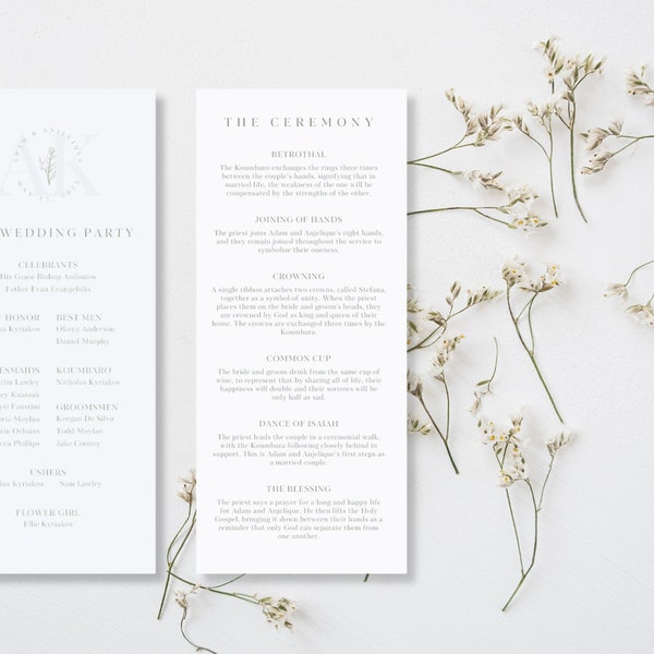 Modèle de programme de mariage grec orthodoxe | Design élégant simple et minimaliste | Facile à personnaliser et à imprimer