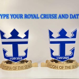Peut inclure: Deux logos bleus et blancs de navires de croisi&egrave;re Royal Caribbean avec les dates 1/20/2025 et les noms Utopia of the Seas et Icon of the Seas.